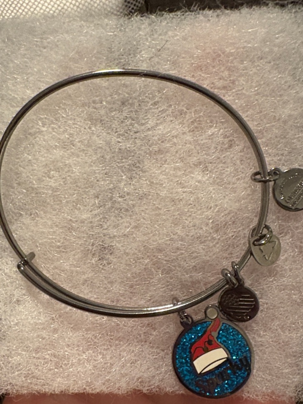 Alex and Ani Dark Silver Charm Bangle with Blue Glitter Santa Hat Charm “Sparky”